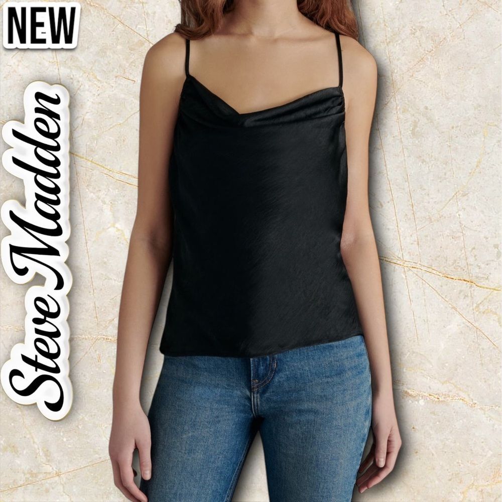 New NWT Steve Madden Washed Satin Cowl Neck Black Camisole - Small